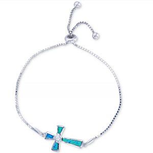 Lab-Created Blue Opal Cross Bolo Bracelet in Sterling Silver